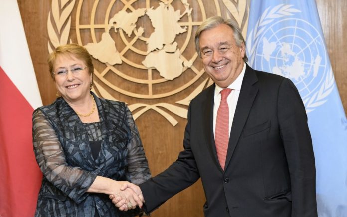 New York City: The United Nations General Assembly approved the appointment of former Chilean President Michelle Bachelet as the High Commissioner for Human Rights in New York City, US on Aug. 10, 2018. She is seen with Secretary-General Antonio Guterres, who nominated her to the post. (File photo: UN/IANS)